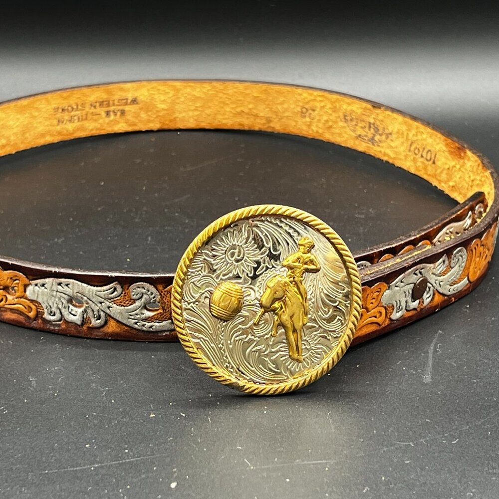 German Silver Barrel HORSE SILVER & GOLD Belt‎ Buckle & 28” 2 Tone Leather Belt